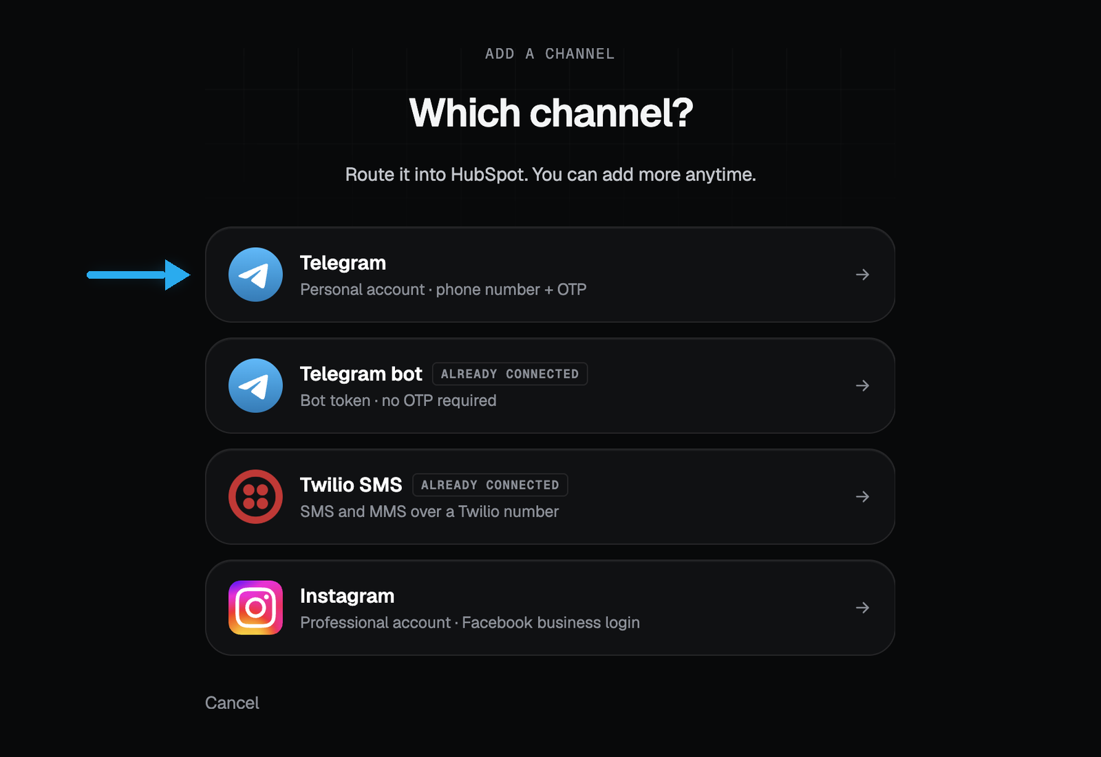 TryWired's Add a channel screen listing Telegram personal account with phone number and OTP, Telegram bot with a bot token, Twilio SMS, and Instagram. An arrow points at the Telegram personal account row.
