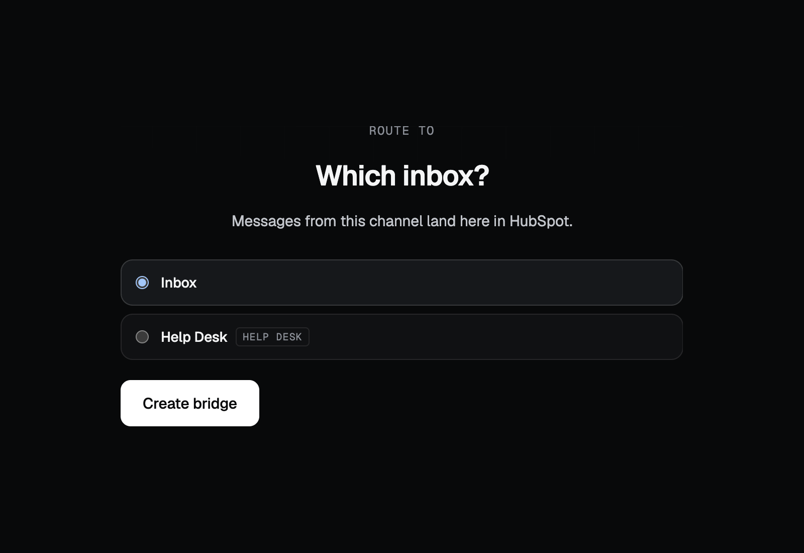 TryWired's Which inbox screen listing the available HubSpot destinations, Inbox and Help Desk, with Inbox selected and a Create bridge button.